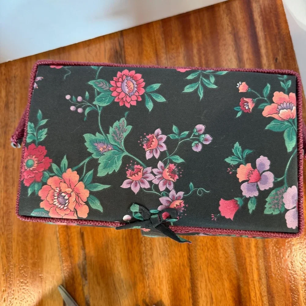 Vtg Sewing Basket Box Padded Fabric with Handle